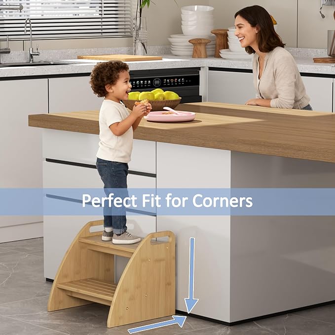 Step Stool for Toddlers, Two Stepping Stool Toddler 300lbs Capacity, with Non-Slip Handles and Pads,Bamboo Kids Step Stool for Bathroom Sink, Perfect Natural Wooden Step Stool for Kitchen