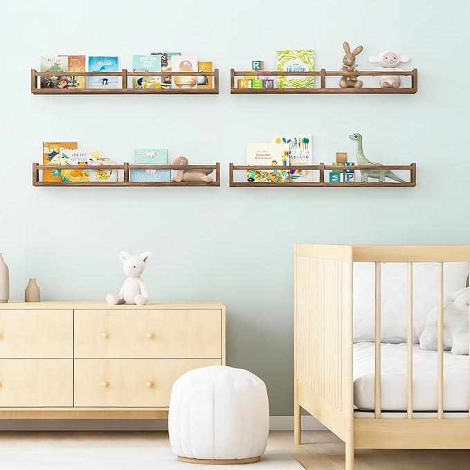 Fixwal Nursery Book Shelves, 32 Inch Floating Bookshelves for Wall Set of 4, Baby Nursery & Playroom Decor, Solid Wood Wall Mounted Shelves for Books and Toys Storage (Brown)