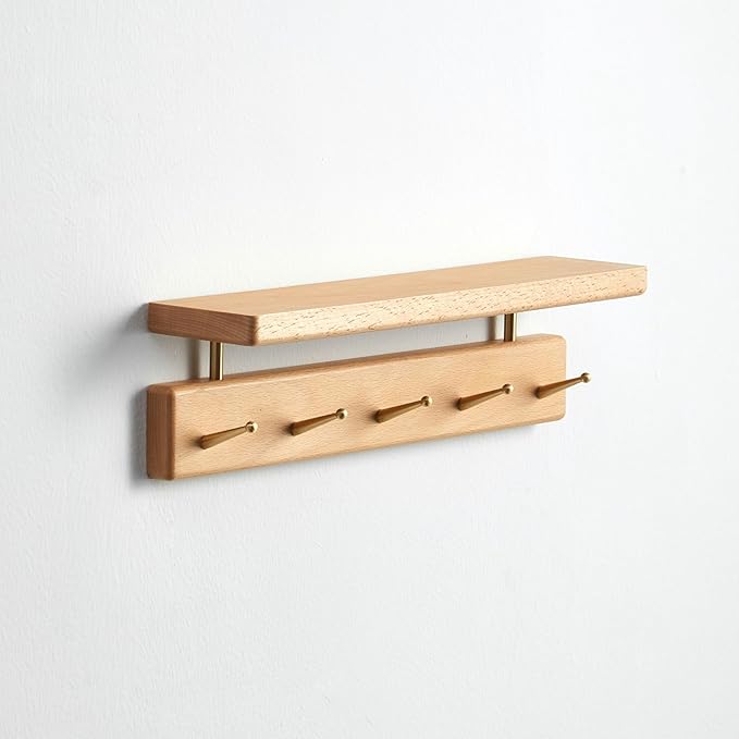 Mayhas Solid Wood Shelf with Hooks, 15 inch Coat Rack Wall Mount, Shelves with 5 Brass Hooks for Hanging in Entryway, Living Room, Bathroom, Bedroom, Kitchen(Beechwood)