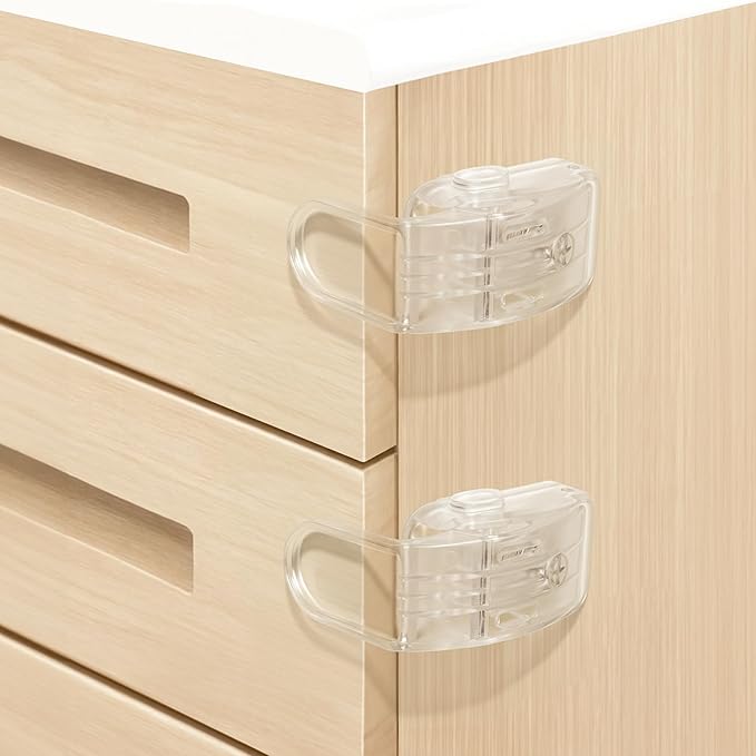 6-Pack Baby Proofing Lock For Drawer, Maveek Child Proof Locks For Corner Drawer Thinner Door Cabinet Kitchen Cupboard Dresser Fridge, Childproof Furniture Latch For 0-12 Month Infant (6 Clear)