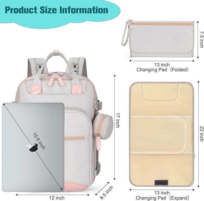 BAGPARKK Diaper Bag Backpack, Multi function Baby Bag with Portable Changing Pad, Pacifier Holder,Waterproof Diaper Bags with USB Charging Port,Anti-Theft Travel Backpack for Mom, Dad, Newborn (Gray)