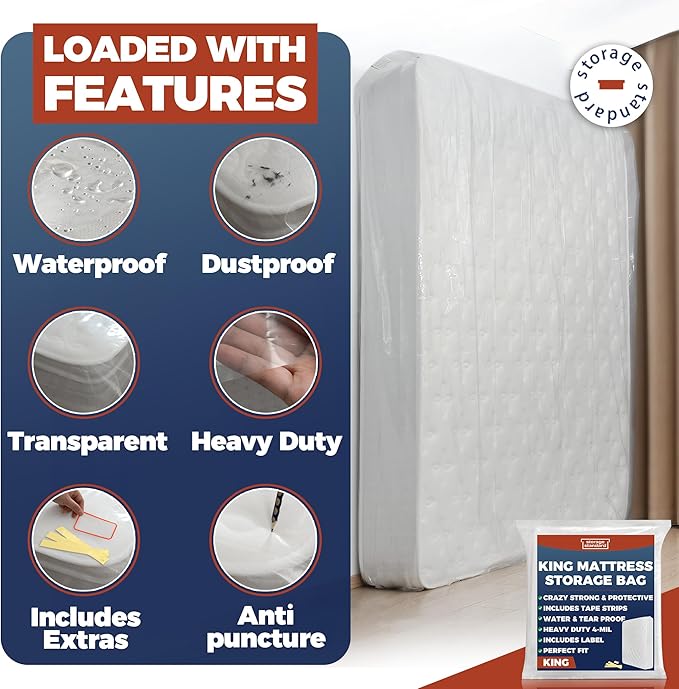 King Mattress Bags for Moving & Storage – Heavy Duty Thick 4mil Reusable Mattress Storage Bag, Waterproof Plastic Mattress Cover for Moving - Fits King Size Bed - 1 Clear Bag, 100 x 80 x 15 Inches