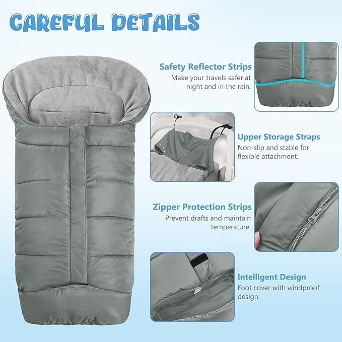 Universal Baby Footmuff for Strollers,Stroller Cover for Winter with Hooded Design,Waterproof and Windproof Winter Sleeping Bag with Coral Fleece Lining, Baby Bunting Bags for Most Strollers (GREY)