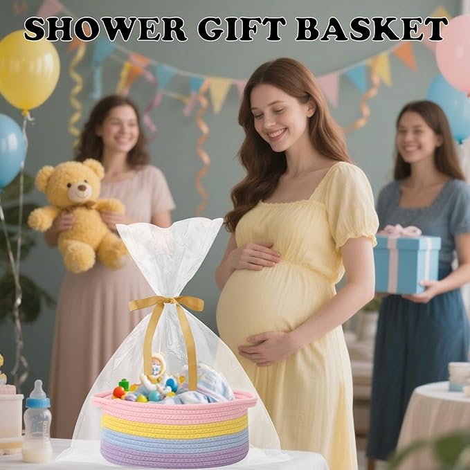 Small Woven Rope Basket-Empty Gifts Basket with Bag and Ribbons,Cute Handle Organizer Box for Birthday/Baby Shower, Toy Storage, Nursery Organizing & Shelf Decor(Rainbow Pastel)