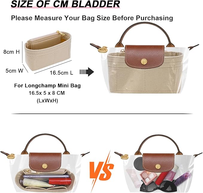 LOUKAYCCI Felt Purse Organizer Insert for Longchamp Mini bag Wihte Zipper Insert (Zipper Beige, Mini)