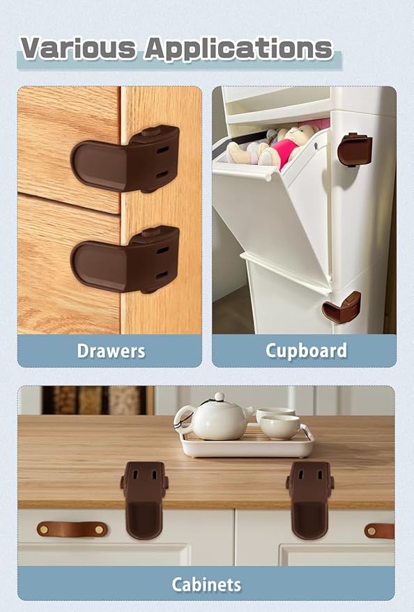 Maveek Baby Proofing Drawer Locks 4 Pack, Corner Safety Latches for Cabinets, Dressers, Kitchen & Bathroom Drawers, Childproof for Infants 0-12 Months, Fits Thin Edge Furniture (Brown)