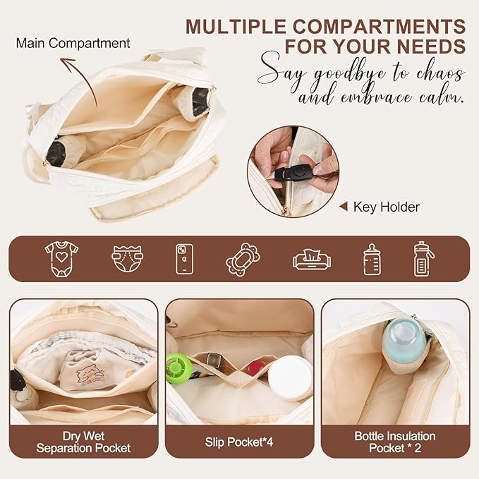 Rexmore Puffer Quilted Fanny Pack Diaper Bag for Mom - Women‘s Compact Crossbody Purse with Portable Changing Pad & Wipes Pouch, Travel & Quick Errand Baby Essentials Organizer (Off White)