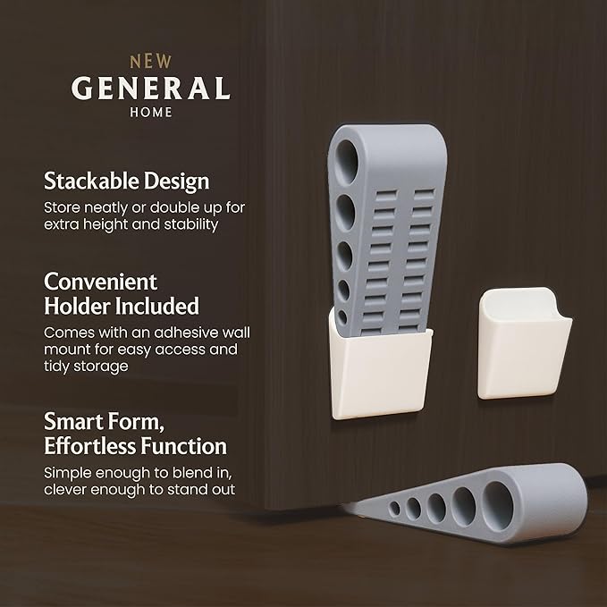Door Stoppers (3 Pack), Heavy Duty Rubber Door Stopper Wedge for Bottom of Door on Floor, Non-Slip Stackable Door Stops for Carpet & Hard Floors, Includes Storage Holder/Bracket - Grey - 3-Pack