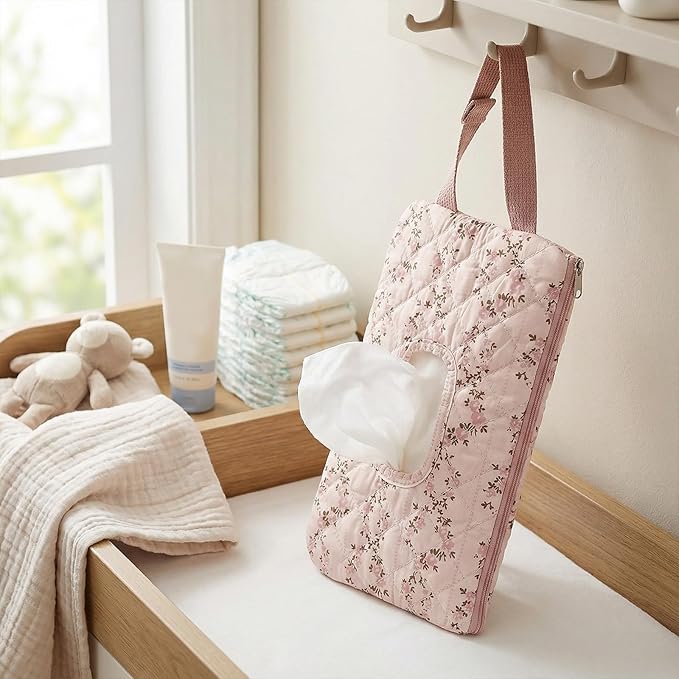 HIBEAR Quilted Diaper Wipe Pouch Portable Mommy Bag Refillable Floral Baby Wipe Holder for Travel Stroller Daily Casual (red-)