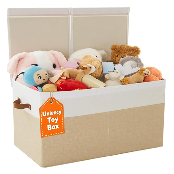 Uniency Large Toy Box,83L Foldable Sturdy Toy Storage with Lid,25"x13"x16" Kids Storage Organizer,Toy Chest for Boys&Girls, for Living Room,Nursery,Bedroom,Playroom,Large Capacity Toybox(Beige)