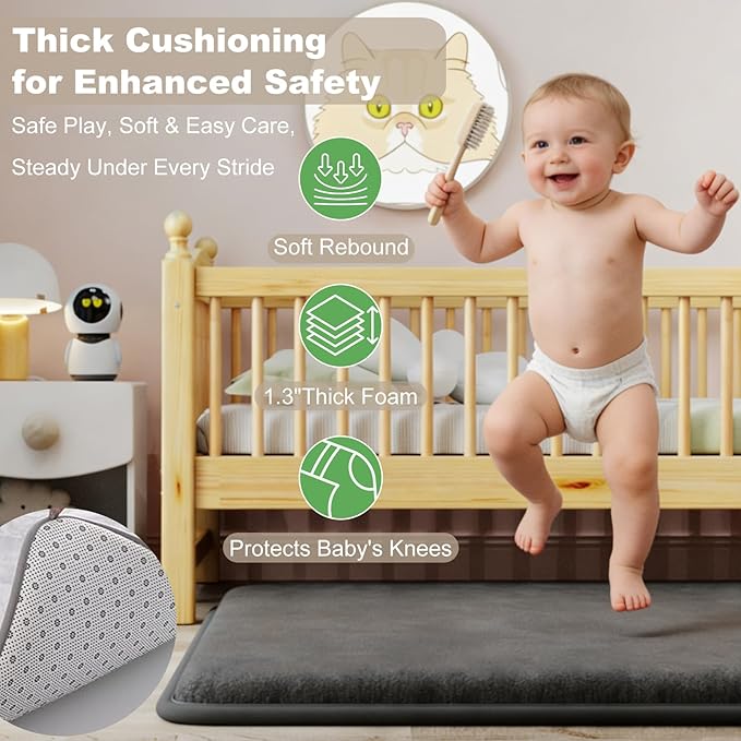 Baby Play Mat for Floor, 1.3" Thick Elasti-Foam Baby Play Mat, 50x50 Playpen Mat for Toddlers Infant Kids, Water Repellent Soft Coral Velvet Crawling Mat for Floor, Non-Slip Backing Safe Dark Grey