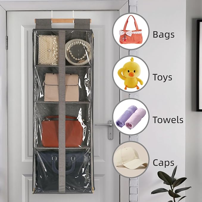 JINOKADI Clear Hanging Handbag Storage Organizer with Zippers, Door Purse Organizer Space Saving 4 Pockets for Closet Bedroom Living Room (Brown)