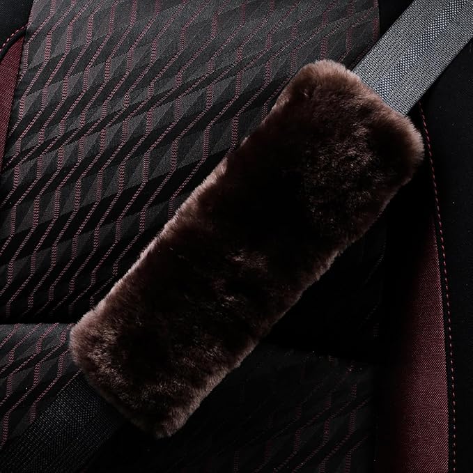 Fluffy Fuzzy Genuine Sheepskin Car Seat Belt Covers for Soft Auto Lambswool Seatbelt Pads, Shoulder Strap Cushion Adults Kids (2, Brown)