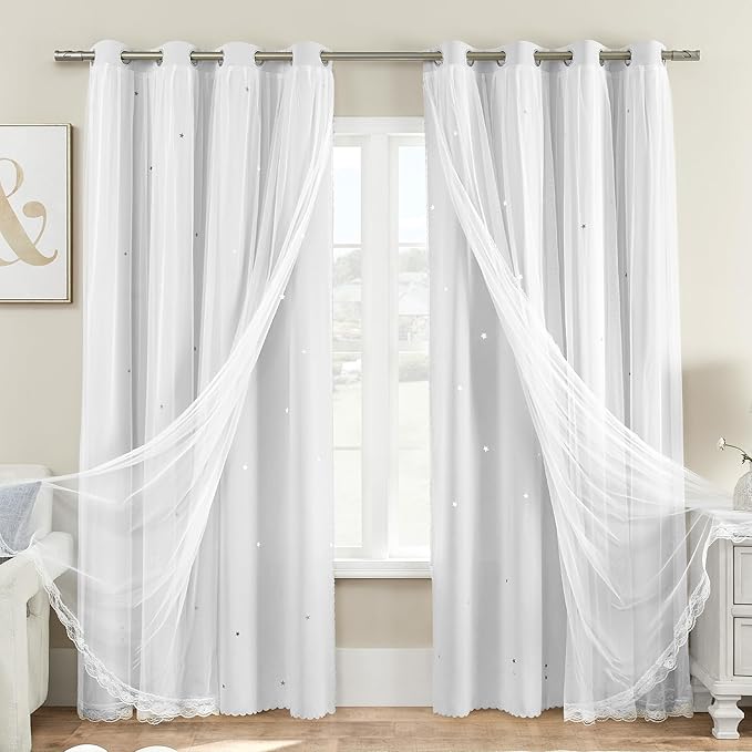 XiDi White Curtains for Girls Bedroom 84 Inches Long Blackout Nursery Curtains Double Layer with Sheer Overlay for Kids Toddler Princess Room Grommet Privacy Room Darkening Window Drapes 34 x 84 Inch