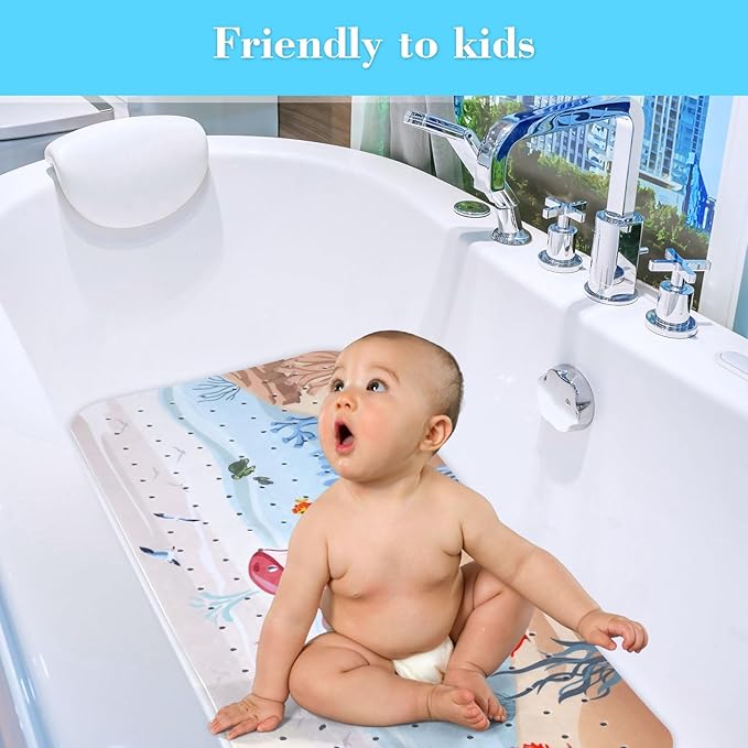 Secopad Bath Mat for Tub Non Slip, Machine Washable Anti-Slip Cartoon Baby Bathtub Shower Mat with Drain Holes and Suction Cups for Toddler & Kids (40 Inch x 16 Inch-Rectangular, Rosy Whale)