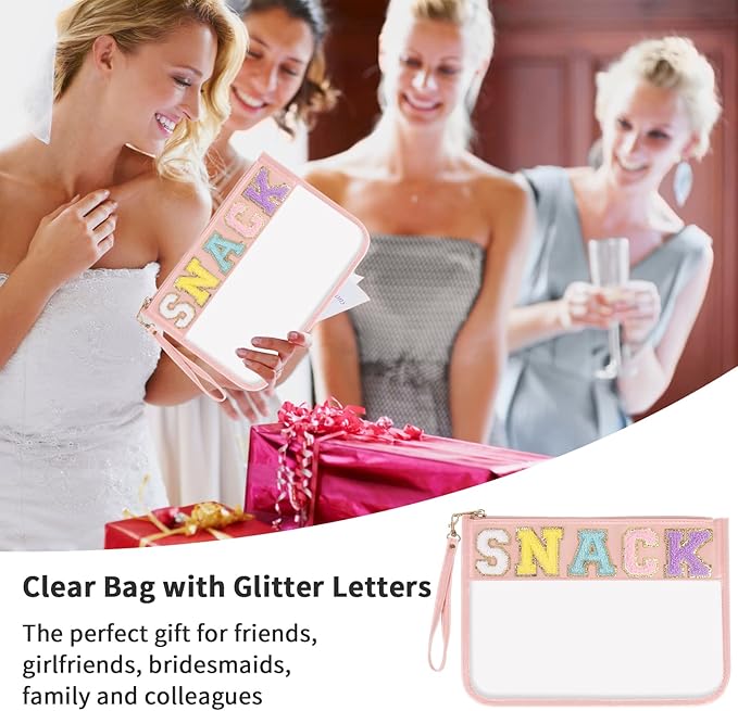 Iqimott Snack Bag Monogram Clear Letter Flat Pouch, Chenille Glitter Letter Patch Makeup Cosmetic Bag Zipper Toiletry Pouch, Portable Travel Beach Wristlet Bags for Women Girls(Snack, Pink)