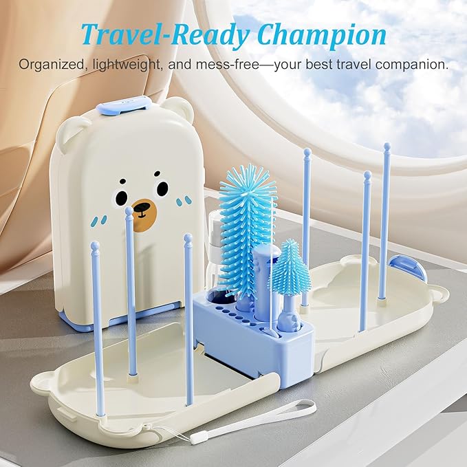 Blue Travel Bottle Cleaner Kit with Drying Rack – 6-in-1 Baby Bottle Washer & Silicone Brush Set for Pump Parts, Nipples & Straws – Portable Baby Travel Essential in Compact Case
