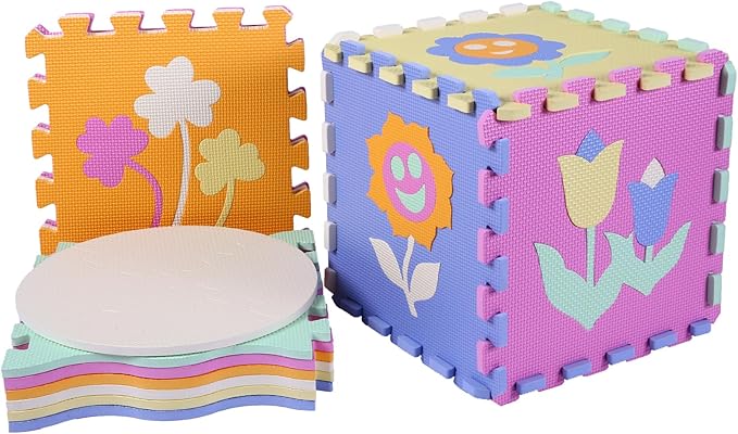 Tamiplay Foam Play Mat for Kids，25Pcs Square Interlocking Puzzle Floor Mat，Baby Play Mat Floor Mat Foam Puzzle Playmat for Toddlers with Fence（Flower-CSH037