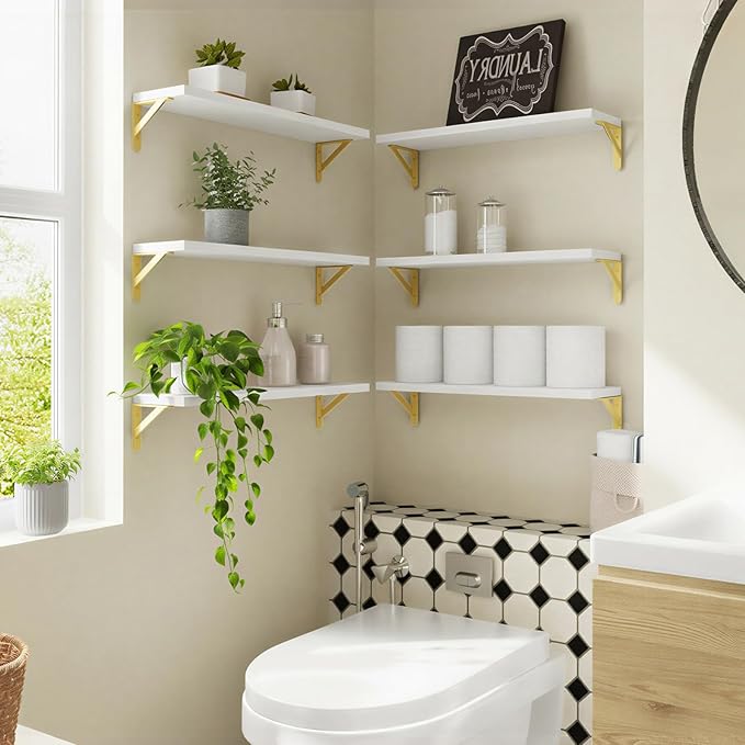 YGEOMER 23.6 Inch Floating Shelves for Wall, Farmhouse Wall Shelves for Bedroom, Bathroom Storage, Living Room and Kitchen Decor (Set of 6 White)