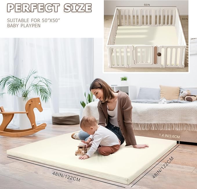 Baby Play Mat for Boy or Girl - 1.4" Extra Thick & Super Soft Vegan Leather Floor Mat, Waterproof & Anti-Slip Baby Crawling Mats, Playmats for Babies and Toddlers, Playpen Mat Fits Any Playroom, Beige