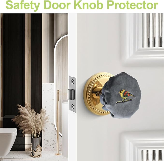 Round Door Handle Cover, 2Pcs Washable Soft Velvet Glove for Door Handle Anti-Static Door Knob Protector with Anti-Collision Strip(Gray Brid)