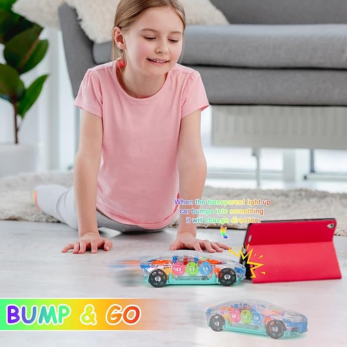 ZHFUYS Light Up Transparent Car Toy for Kids, Sensory Toys for Kid, Toy Car with Colorful Moving Gears, Fun Educational Toy for Kids, Birthday Gifts Idea for Boys Girls