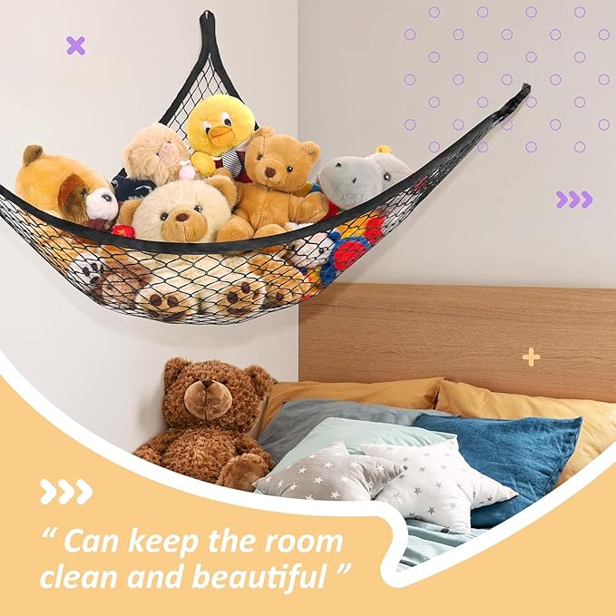 Lazebox Stuffed Animal Net Hammock for Plushie Toys, Stuffed Animal Hammock Corner for Kids' Room Decor, Ideas for Organizing Stuffy Collection, Black, L (67" x 40" x 40")-Pack of 2