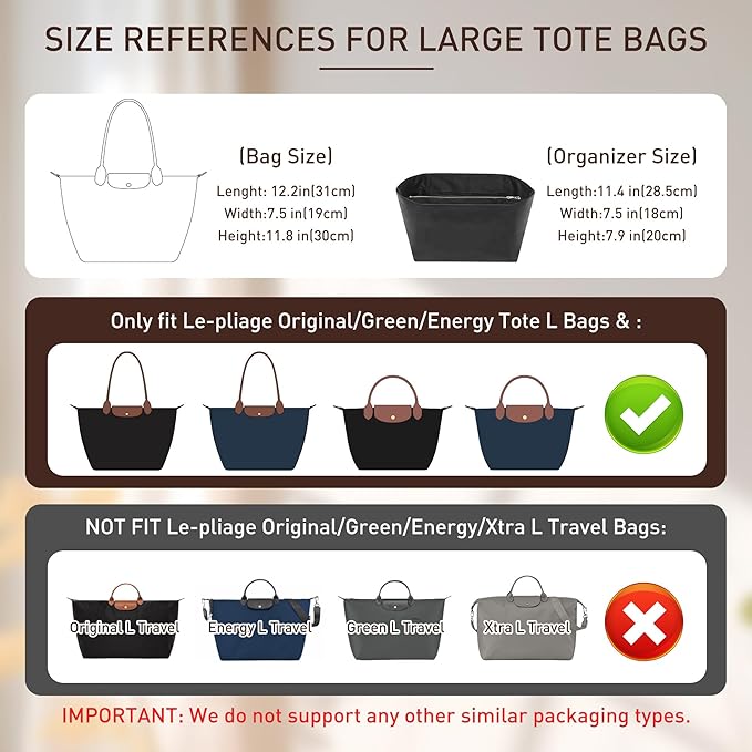 Doxo NEW Purse Organizer Insert for Longchamp LePliage Large,Fixed Handle, Bag Shaper with Key Leash& 16 Compartments, Upgraded Elastic Cup Holder(Black&Brown, L)