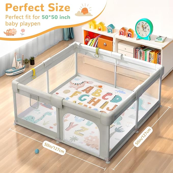 Baby Play Mat Toddler Playpen Mat 50 x 50 inch, Removable-Washable Cover,Extra Thick Foam Padding,Non-Slip Crawling Cushion for Infants, Toddlers & Babies Tummy Playing Time
