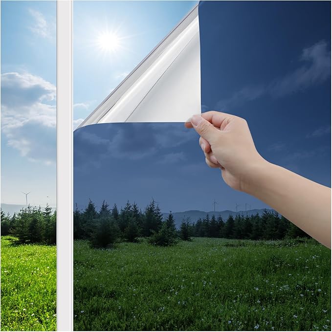 Haton Window Privacy Film One Way Window Tint for Home, Sun UV Blocking Heat Control Reflective Mirror Film, No Glue Static Cling See Out Not in Glass Door Covering, Blue Silver, 17.5" x 78.7"
