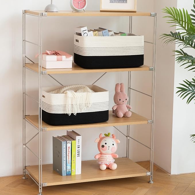 OIASKET Large Storage Basket for Organizing, Woven Rope Basket for Shelves, Closet Organizer Bins for Clothes, Blanket, Toys, Baby Nursery Storage, 17.7" x 13" x 7.87", 2 Packs Gradient Black