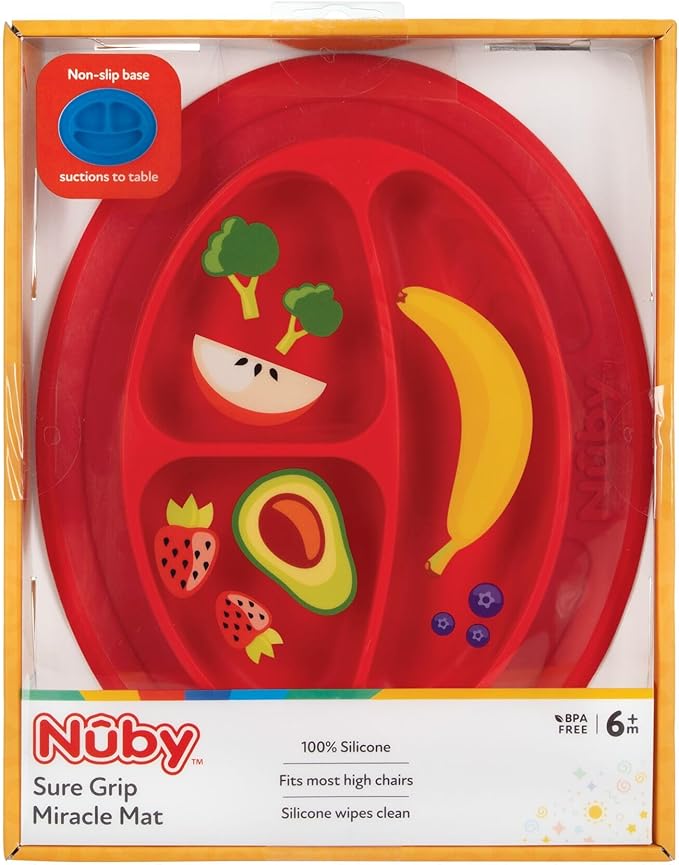 Nuby Sure Grip Miracle Mat 3-Section Toddler Plate - Oval Suction Silicone Plate - 6+ Months - Red