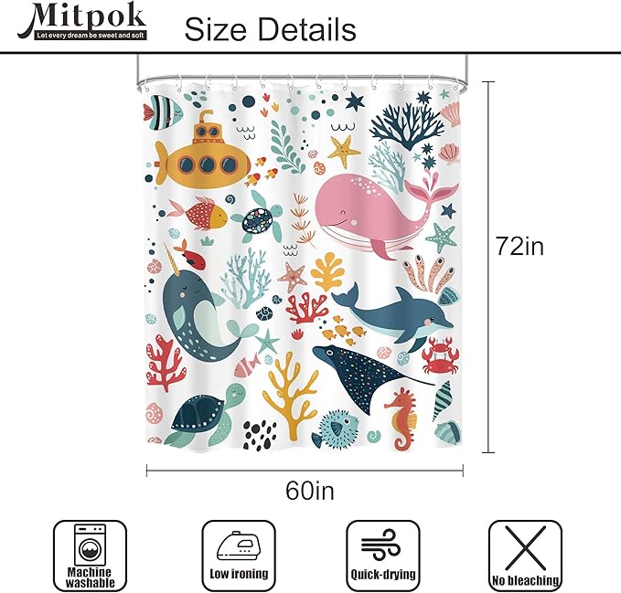 Kids Shower Curtain Ocean Summer Cute Cartoon Whale Funny Kid Bathroom Decor for Nursery Boys Girls Underwater Coastal Submarine Fish Animal 60Wx72H Bath Curtain Fabric Polyester 12 Pack Hooks
