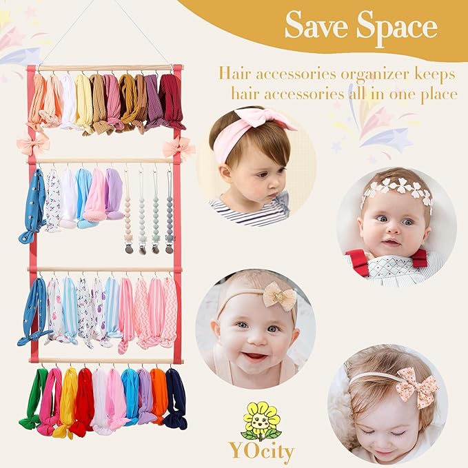 YOcity Baby Headband Organizer for Girl Bow Holder Hair Bows Clip Hair Bow Organizer Baby Headband Holder Hair Accessories Storage Wall Hanging Decor (Pink)