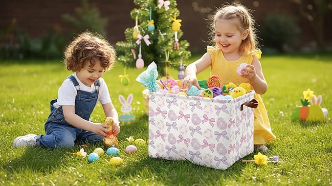 HKEC Rectangle Easter Basket Empty,Easter Gift Bakset for Kids,Easter Basket for Egg Hunting,Toys Bin with Handles,Room Decor(Bowknot Easter Basket)
