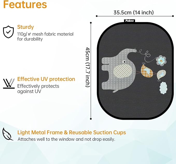 Pakoo Car Sun Shade for Baby with UV Protection, 2 Pack UV Protection Breathable Car Window Sun Shade for Children with Cute Animal Motifs, 17.7 x 14 inches Sun Shades with 8 Cups