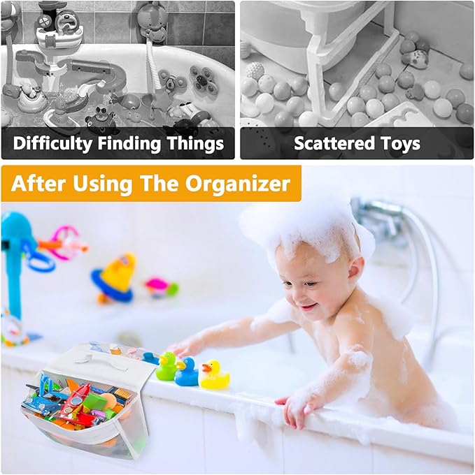 Bath Toy Organizer with 2 Pockets, Large Capacity Mesh Storage with Grip, Quick Dry, Perfect for Organizing Toys and Bath Essentials, Fits 6-Inch Tub Edges