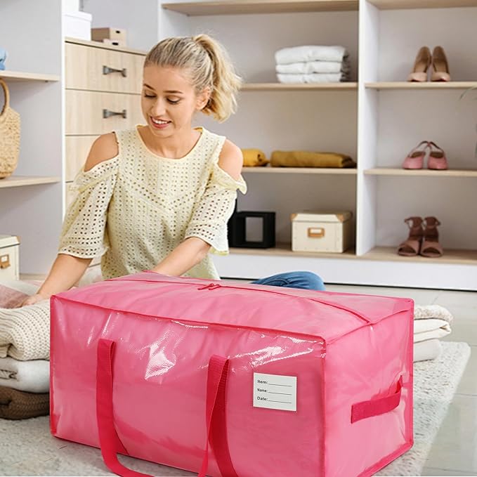 2 Pack Extra Heavy Duty Large Moving Bags with Comfortable Handle & Strong Zipper,Storage Totes for Space Saving Moving Storage College Supplies Alternative to Moving Box,Pink