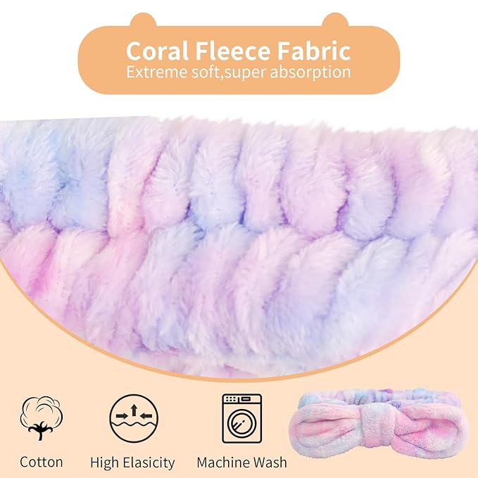 PERFECTSIGHT Kawaii Headband for Spa, Makeup, Washing Face, Party - 2 Pack Cute Bow Hair Band for Shower Beauty Skincare, Soft Facial Headbands for Girls and Women, Rainbow