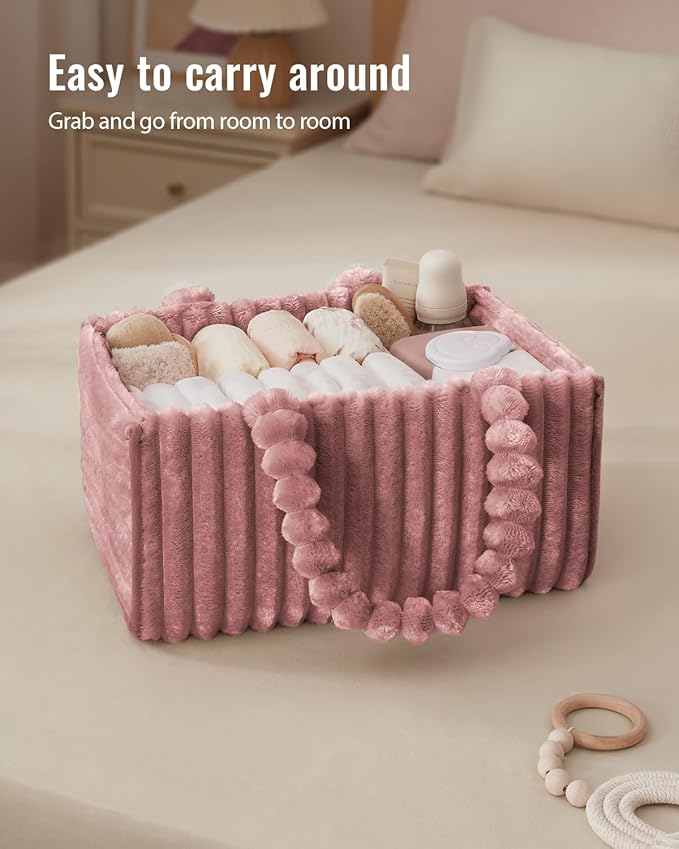 Blissful Diary Flannel Diaper Caddy Organizer, included Gift Packaging, Cozy Nursery Storage Basket, Gift for Baby Shower, Newborn Essentials, Plush Pink