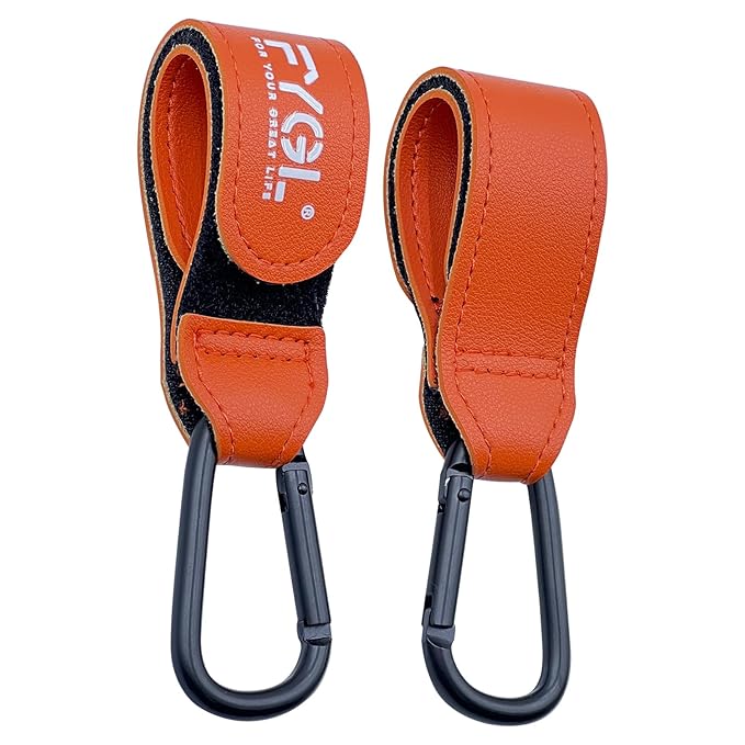 Stroller Hooks - Leather Buggy Clips, Pushchair Carabiner Clip for Bags, Easy Attachment for Pram, Universal Stroller Clips and Hooks, Stroller Accessories - Orange (2 Pack)