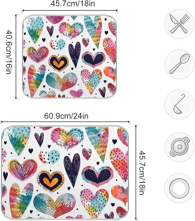 Absorbent Dish Drying Mat for Kitchen Counter - Cute Hearts Colorful Microfiber Drying Pad, Reversible Drainer Mats for Countertop, Large 18" x 24"