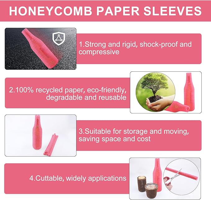 Wine Bags for Travel Honeycomb Paper, 36 Set Reusable Glass Liquor Bottle Sleeves, Proof Hardened Safety and Impact Resist for Shipping Packing Transport Pink