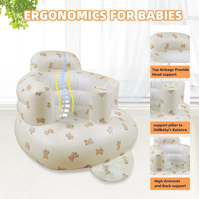 AGITVPS Inflatable Baby Seat for Babies 3-36 Months, Built in Air Pump Baby Chair Sit Me up Floor Seat for Baby, Bumbo Seat for Learning to Sit, Feeding, Camping (Pillar-Bear Cub)