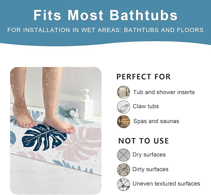 XIYUNTE Baby Bath Mat for Tub Non Slip Kids, BPA Free Extra Long Bathtub Mat 40x16 with Drain Holes and 200 Suction Cups, Non Toxic Machine Washable Toddler Bath Mat, Eco-Friendly Certified