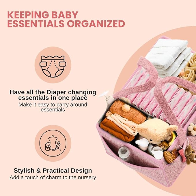 BREEZYBUBS Large Diaper Caddy Organizer with Dividers - Baby Basket for Nursery and Changing Table - Portable Storage with Strong Handles for Diapers, Wipes and Newborn Essentials