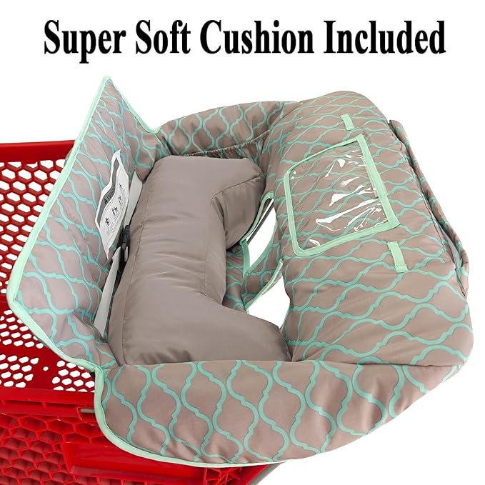 Love&go Soft Pillow Attached 2-in-1 Shopping Cart and High Chair Cover for Baby, Cotton Padded Cart Cover, Fold'n Roll Style, Portable with Carry Bag (Gray Grid)