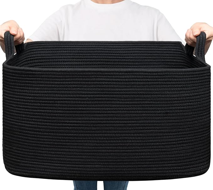 Goodpick Large Blanket Basket Living Room, 21.6" x 14.9" x 11.8" Woven Storage Basket for Blankets, Toys, Rectangle Rope Dirty Clothes Baskets for Nursery, Bedroom, Black