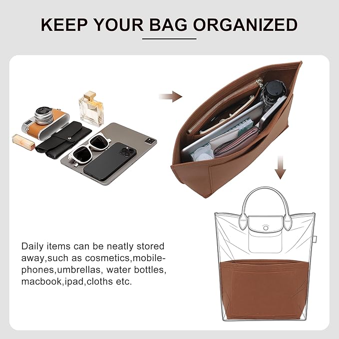 Premium Felt Purse Organizer Insert for Longchamp Le Pliage M Top Handle Tote Bag, Lighweight Long Champ Medium Tote Divider with Zipper Pocket,Bags Storage Shaper with 7 Pockets, Glod Brown/SM