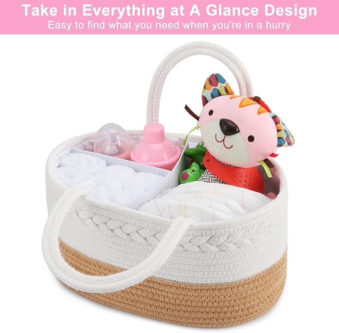 ABenkle Diaper Caddy Organizer, Boho Rustic Cotton Rope Nursery Baby Basket, Changing Table Organizer for Baby Diaper Storage and Baby Shower